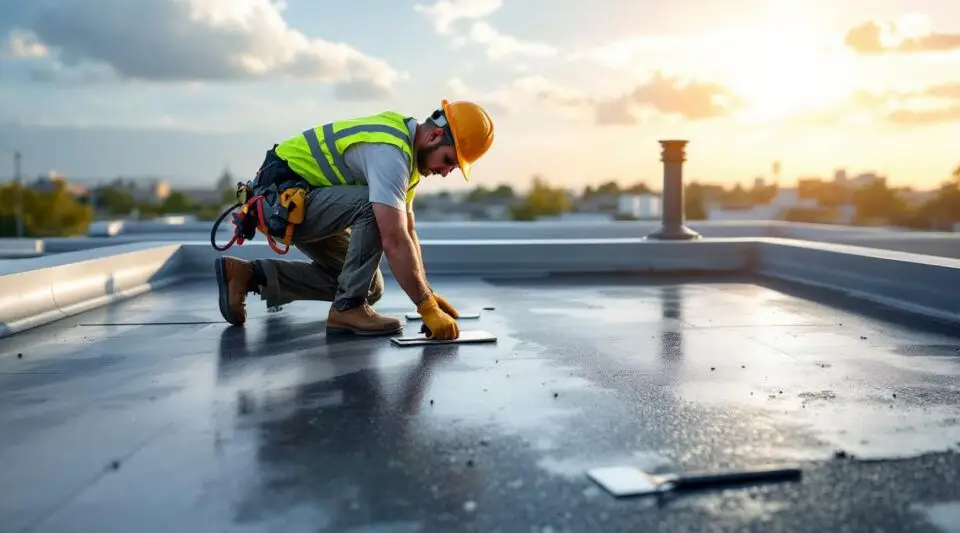 Commercial roofing technicians applying a seamless EPDM rubber membrane to a large flat roof in Santa Ana.
