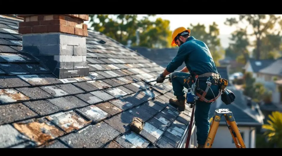 Professional roofing crew installing architectural composition shingles on a large Santa Ana commercial building.