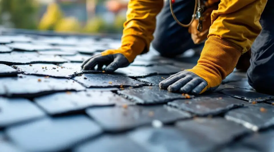A professional roofing team meticulously installing natural slate tiles on a large Santa Ana commercial building.