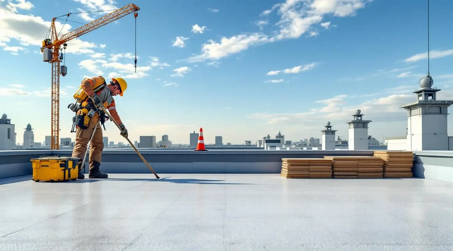 Professional contractors installing a durable white TPO flat roof system on a Santa Ana commercial building.