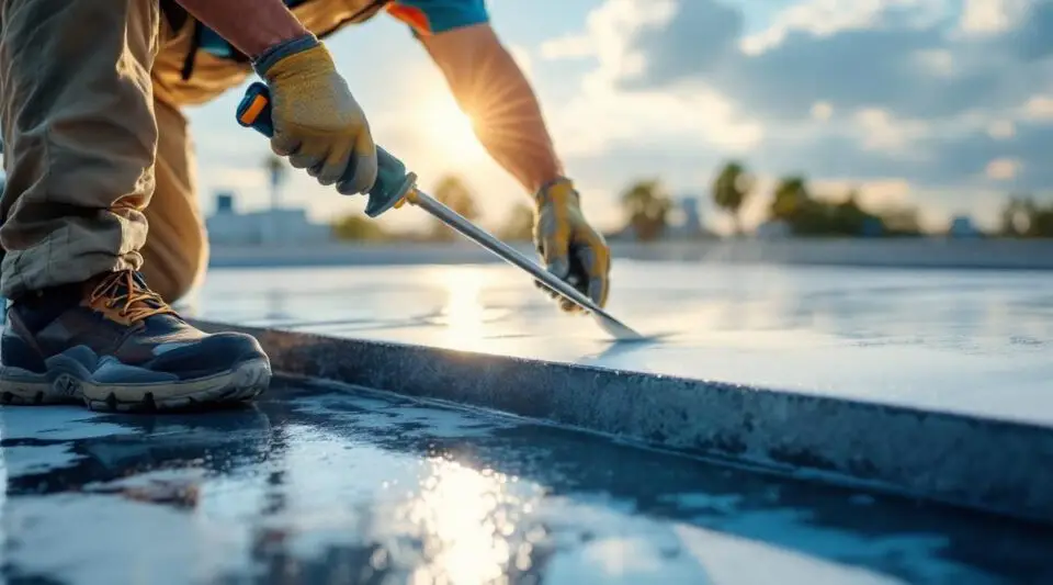 Professional roofing crew applying white reflective silicone coating to a large commercial flat roof in Santa Ana.