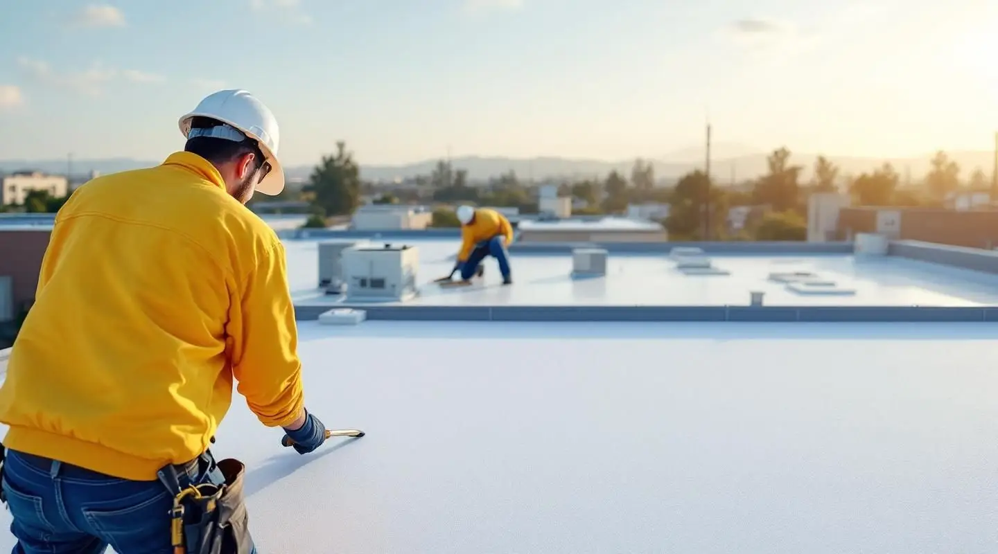 A commercial flat roof in Santa Ana featuring white TPO membrane installation under bright California sunlight.
